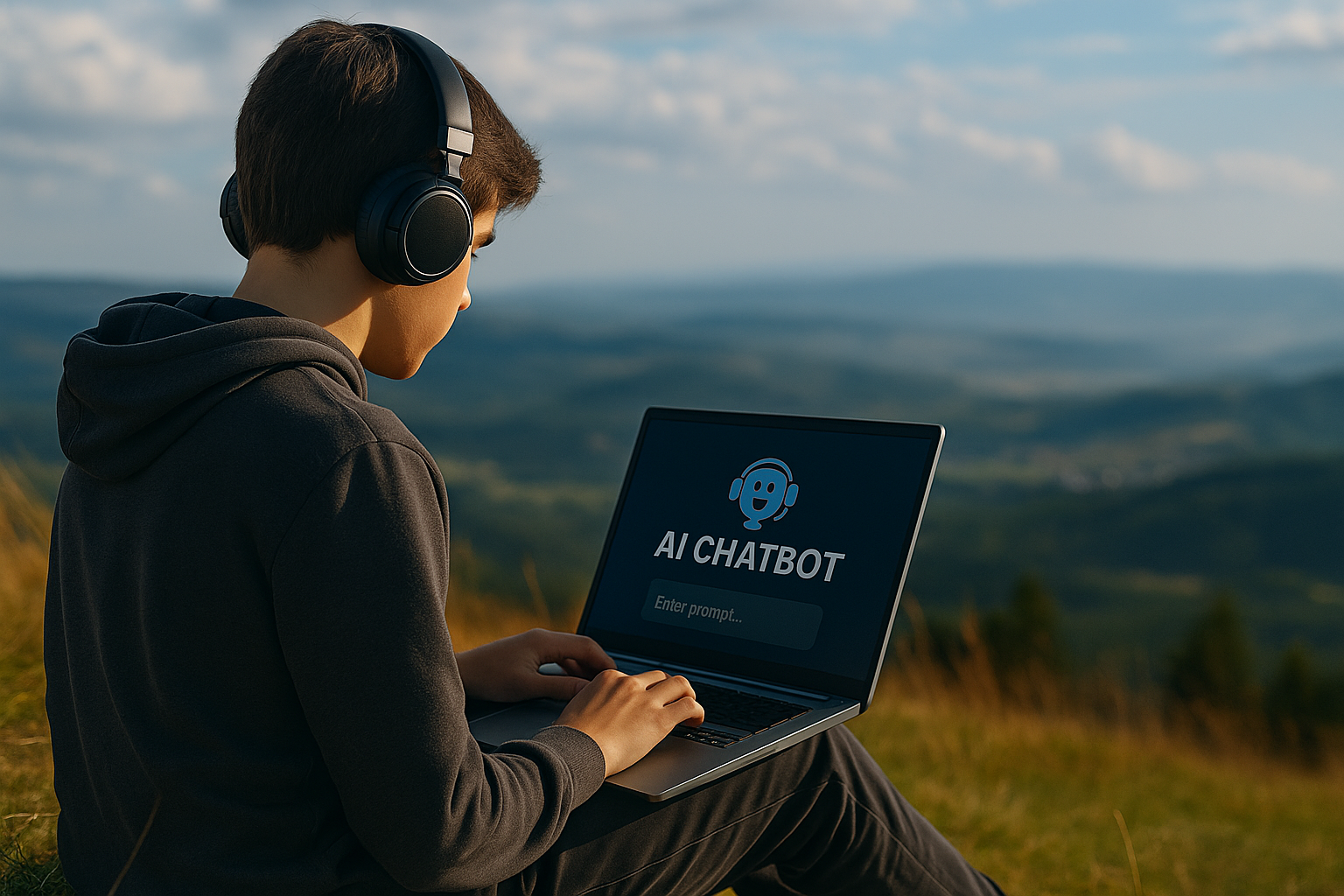 Student using laptop with AI chatbot interface outdoors while wearing headphones